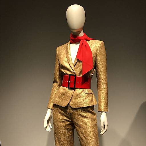 Photograph of a faceless mannequin in a gold textured suit, red scarf, and wide red belt, against a dark gradient background.