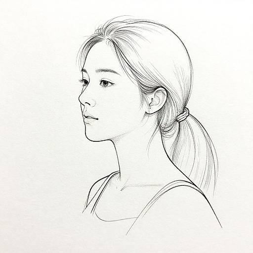 Black-and-white line drawing of a young woman in profile, with long hair tied in a low ponytail, wearing a simple top.