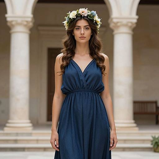 Photograph of a young woman with long brown hair, wearing a blue, sleeveless dress, and a floral crown, standing in front of white columns