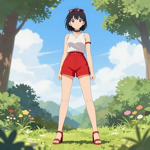 Anime-style drawing of a blue-haired girl in a white tank top and red shorts, standing in a sunny, leafy forest. She wears red sandals