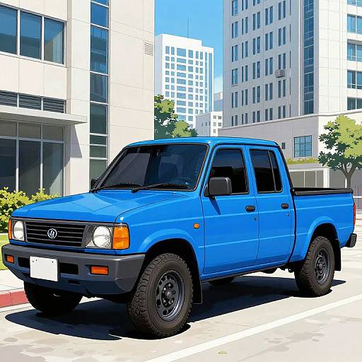 Photograph of a bright blue Toyota pickup truck with black wheels parked in a sunlit urban lot, surrounded by modern white and glass buildings.