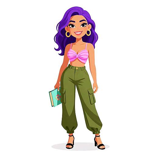 Colorful digital illustration of a smiling woman with purple hair, wearing a pink striped crop top, green cargo pants, black heels, and holding a book