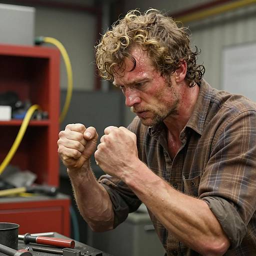 Sweaty Man with Clenched Fists in Industrial Workshop
