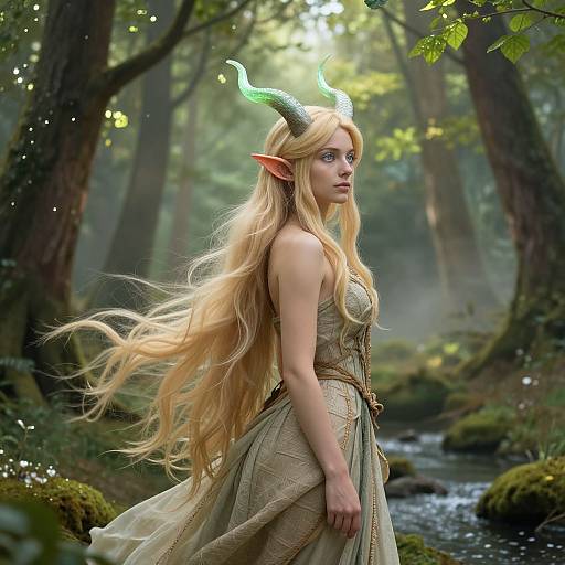 Digital fantasy artwork of a blonde, elf-like woman with green horns, long hair, and pointed ears, standing in a misty forest beside a stream