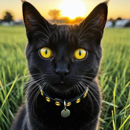 Black Cat with Yellow Eyes at Sunset