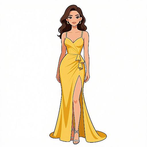 Digital illustration of a beautiful woman with wavy brown hair in a yellow, strapless, high-slit gown, standing confidently.