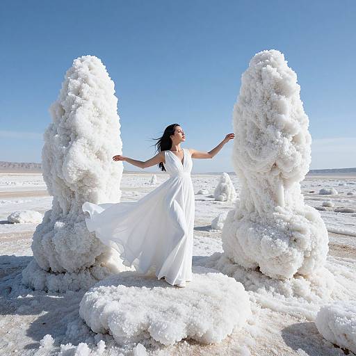 Photograph of a woman in a flowing white dress dancing between two towering, fluffy white structures in a bright, clear blue sky desert.