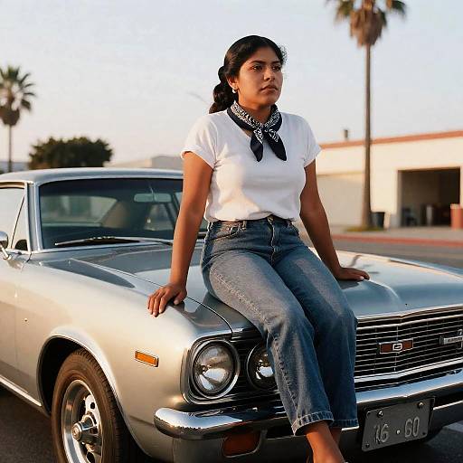 Chicana Mechanic Sitting on Classic Muscle Car Hood