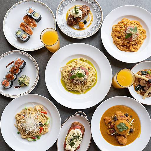 Photograph of a top-down view of a diverse Asian-inspired meal: sushi, noodle dishes, ramen, dumplings, and soups in white