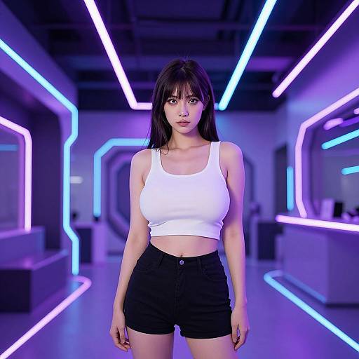 Photograph of a young woman with long black hair, wearing a white tank top and black shorts, standing in a futuristic, neon-lit room with