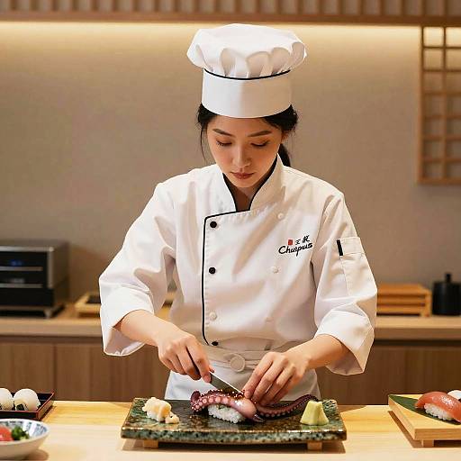 Photograph of an Asian female sushi chef in a white uniform and hat, slicing sushi on a wooden board in a modern kitchen.