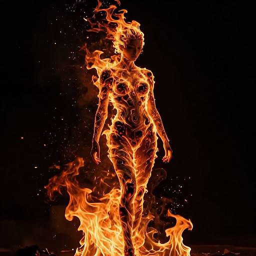 Photograph of a human silhouette engulfed in bright orange and yellow flames against a pitch-black background, creating a dramatic and fiery effect.