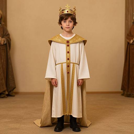 Photograph of a young boy in a white and gold royal costume with a crown, standing in a plain beige room.