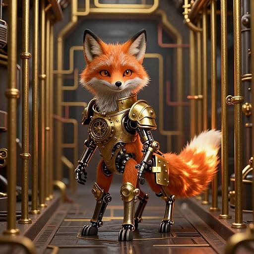 CGI image of a furry, anthropomorphic orange fox with mechanical golden armor standing in a futuristic, metallic corridor with gold piping.