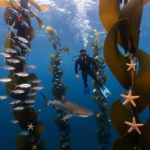 Oceanographer Diving in Kelp Forest with Leopard Shark