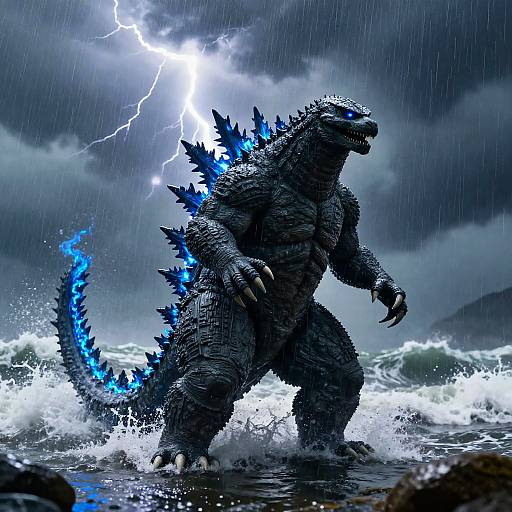 Bulky Godzilla Amid Thunderous Night Waves