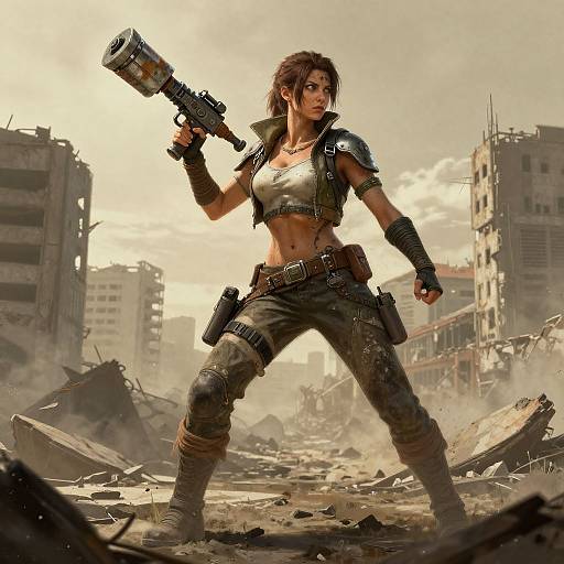 Digital artwork of a muscular, brown-haired woman in a ripped tank top and tactical gear, wielding a shotgun in a ruined, war-torn city.