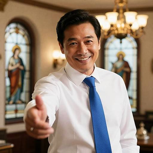 Smiling Man in Stained Glass Setting