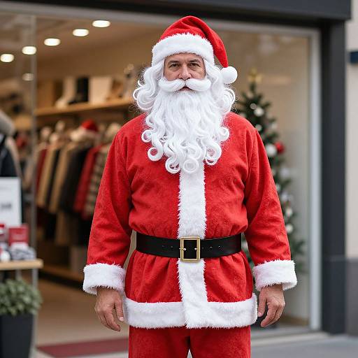 Photograph of a middle-aged man in a classic Santa Claus outfit with a white beard and hat, standing in front of a festive, brightly-lit