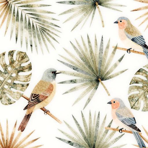 Tropical Palm Leaves and Birds Fabric