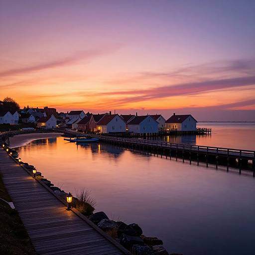 Photograph of a serene coastal village at sunset, with colorful sky gradients, calm water reflections, wooden pier, and illuminated houses.