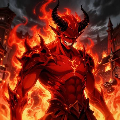 Digital art of a muscular, red-skinned demon with black horns, glowing eyes, and sharp teeth, surrounded by intense flames, in a dark,