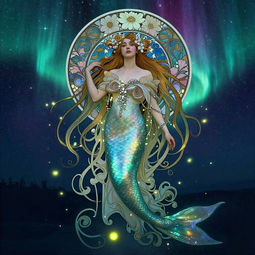 Digital art of a mermaid with long red hair, wearing a floral headpiece, in a shimmering green and blue tail, surrounded by aurora