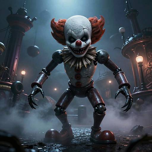 Sinister Animatronic Clown in Foggy Park