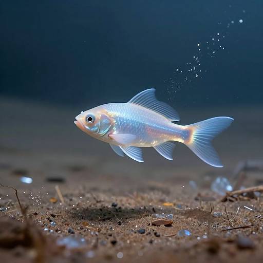 Photograph of a glowing, translucent fish with iridescent blue and white scales, swimming in a dark underwater environment. Bubbles rise around the fish