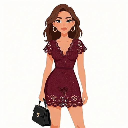 Digital illustration of a confident woman with long brown hair, wearing a maroon lace dress, holding a black handbag, large hoop earrings, and smiling