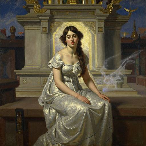 Digital painting of a fair-skinned woman with dark hair in a white, off-shoulder gown, seated before a glowing, ornate architectural background