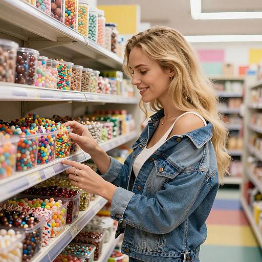 Smiling Blonde Woman Browsing Candy