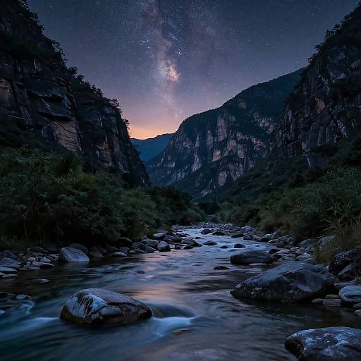 Photograph of a nighttime canyon with a flowing river, rocky terrain, and a visible Milky Way galaxy in a starry sky.