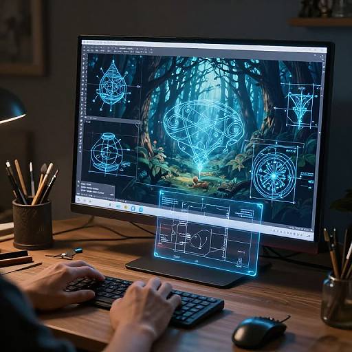Photograph of a person working on a computer with a glowing blue digital blueprint of geometric shapes on a forest background, hands typing on keyboard, desk with