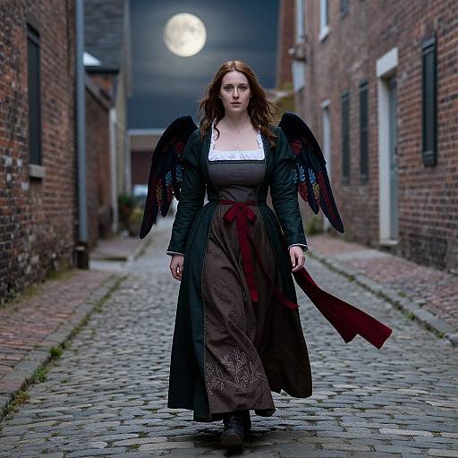 Photograph of a red-haired woman with black angel wings, wearing a brown dress and black coat, walking down a cobblestone alley at night under