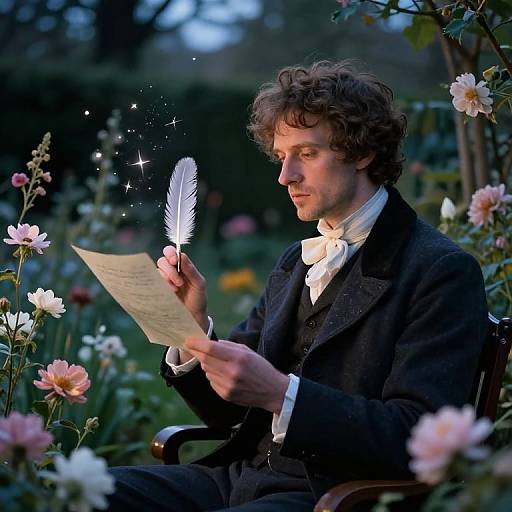 Curly-haired man in Victorian-style dark suit, white shirt, and bowtie, reads paper with glowing white feather in enchanted garden.