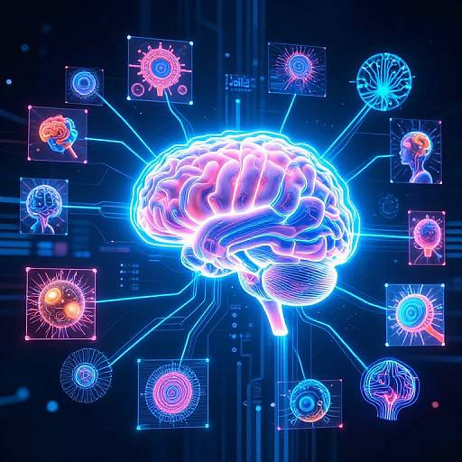 Digital artwork of a glowing neon brain at center, connected to various colorful, bioluminescent virus icons on a dark, circuit-like background.