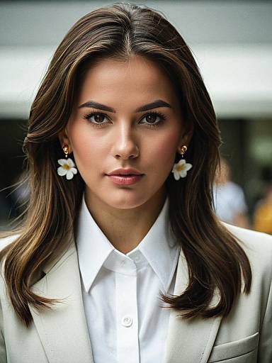 Confident Woman in White Suit and Flower Earrings