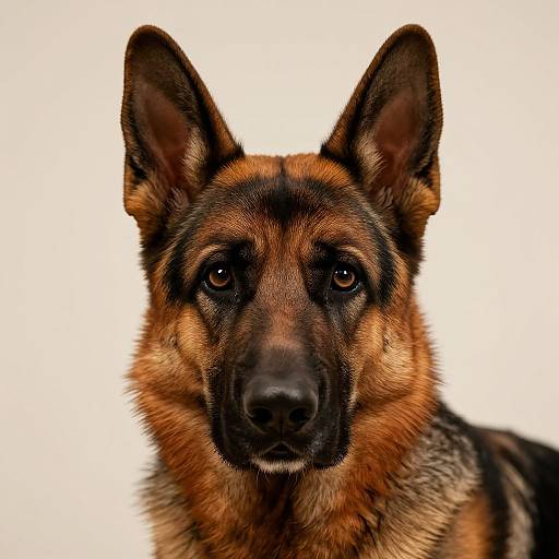Photograph of a German Shepherd with alert, dark brown eyes, black and tan fur, and erect ears against a plain white background.
