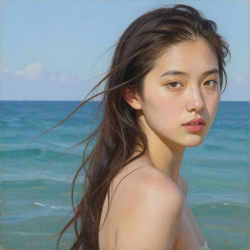 Photograph of a young Asian woman with long, dark hair, topless, standing in clear blue ocean water under a bright sky.
