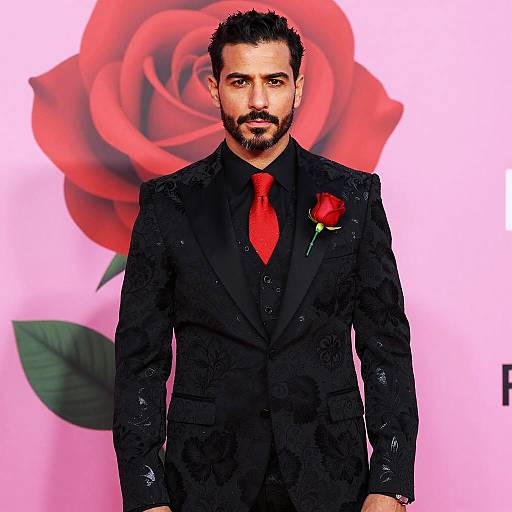 Man in Elegant Black Suit with Red Rose Boutonniere