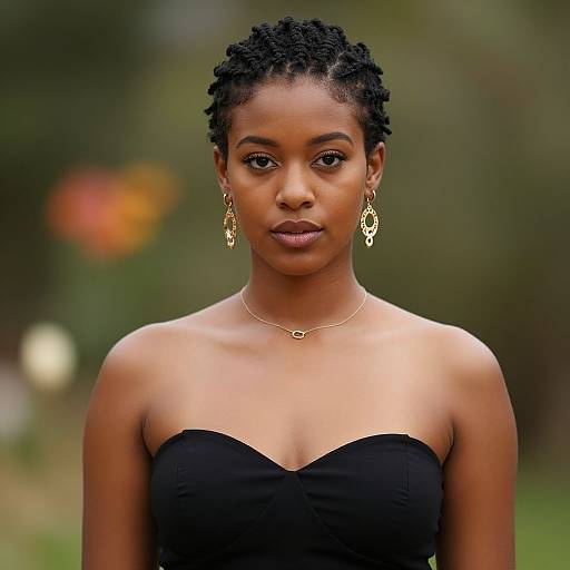 Photograph of a young Black woman with short, curly hair, wearing a black strapless dress, gold earrings, and necklace, set against a blurred