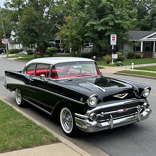 Photograph of a sleek, black and white vintage 1950s Chevrolet sedan with chrome accents, parked on a suburban street with green trees and houses