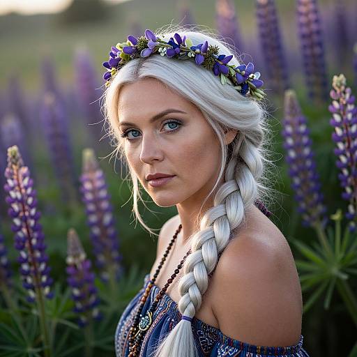 Photograph of a fair-skinned woman with long, silver braided hair, wearing a purple flower crown and off-shoulder blue patterned dress