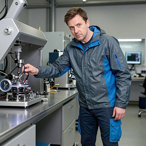 Photograph of a Caucasian man with short brown hair, wearing a gray and blue jacket, focusing a microscope in a modern laboratory.