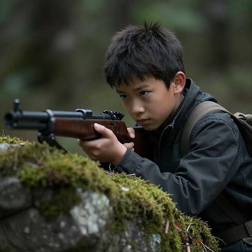 Cinematic Young Boy Crouching with Rifle