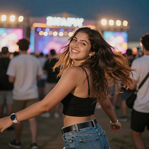 Photograph of a smiling young woman with long brown hair, wearing a black crop top and blue jeans, dancing at a nighttime outdoor event with blurred colorful