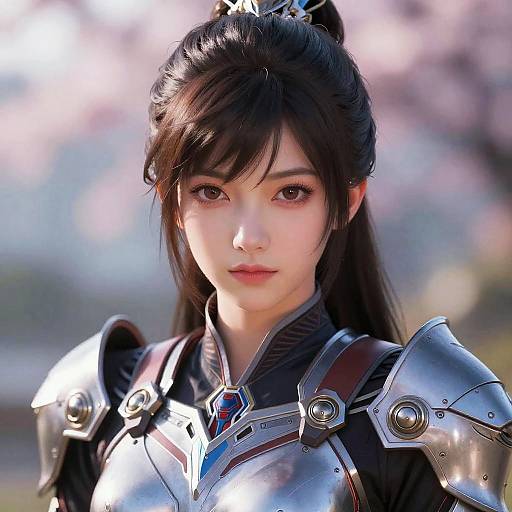 Digital art of an Asian woman with long black hair in medieval-style silver armor, with soft pink cherry blossoms in the blurred background. Her expression is