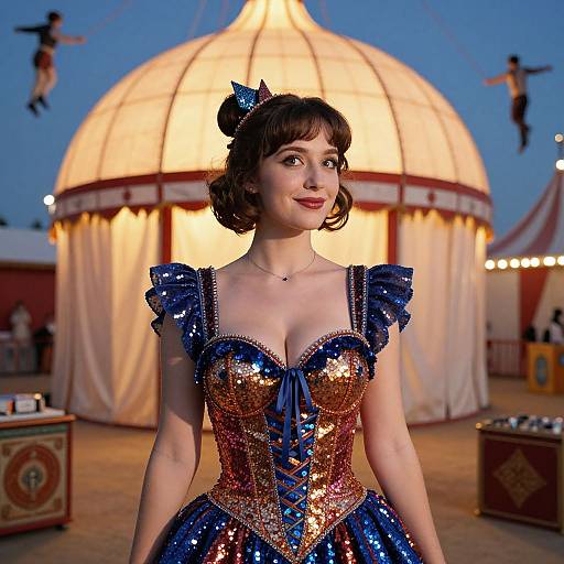 Photograph of a fair-skinned woman in a glittery blue and gold corset dress, with a bow headpiece, in front of a lit
