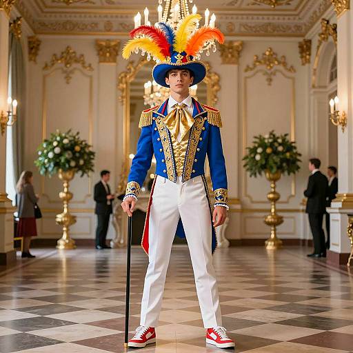 Young Man in Colorful Candyman Dance Costume in Opulent Hall